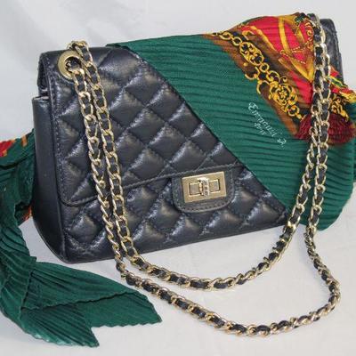 Bagitali Italian Quilted Leather Handbag with Cross Body Chain Shoulder Strap shown with Emmanuel A, Paris, Pinched Pleaded Scarf Accessory 