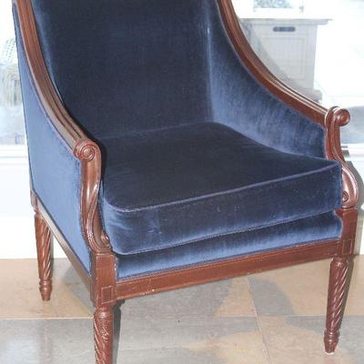  Hooker Furniture  Blue Velvet Upholstered Benton Arm Chair with Detailed Wood Carvings, Rosettes, Rope Molding Details