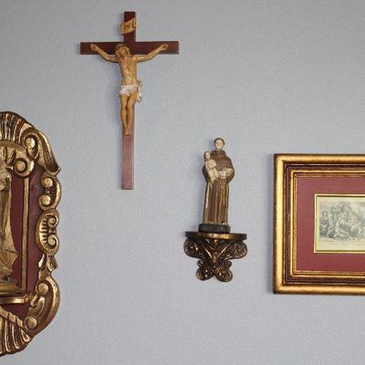 Italy Red Florentine Wall Shelf (20 1/2â€ X 10â€) with Fabric Draped Sculptured â€œMary with Christ Childâ€ Statue (13â€),...