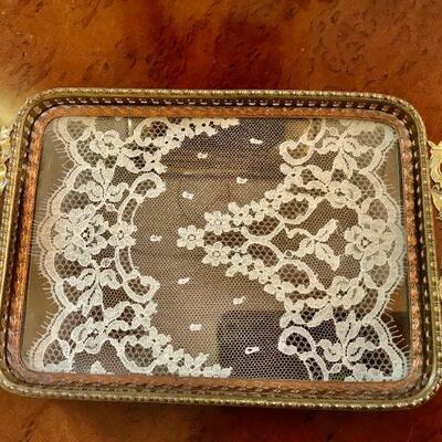 1.Small Louis XV style glass tray with inserted lace work and metal mounts. L11