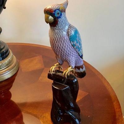Chiness Cloisonne parrot on a nature wooden plinth. 
