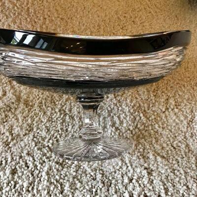 Oval Shaped Cut And Clear Black Glass Pedestal Compote. W13