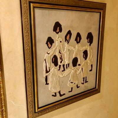 Gilt framed mixed media depicting eight fiqures holding hand in abstract Illegibly signed. 