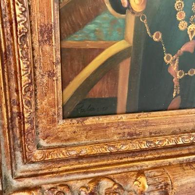 Gilt framed processed oil on panel depicting an Elizabethan woman in formal attire. Signed: Palasio. Size 15 1/4