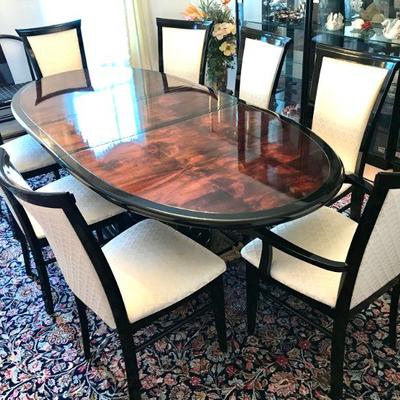 Henredon Burl Walnut, Black Lacquered Scene Three Oven Pedestal Dinning Table.  
