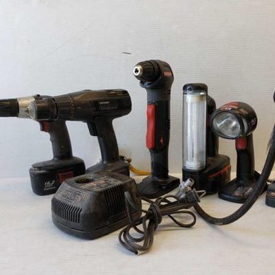3520	

3 Craftsman Cordless Drills, 2 Craftsman Cordless Lights, And Cordless Tire Pump
Includes Charger 19.2 Volt And 12 Volt