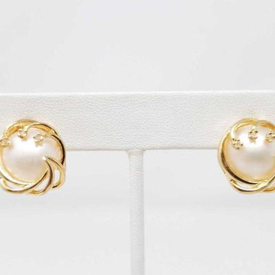 14K gold pearl diamond earrings weighs approx 7.1 g 