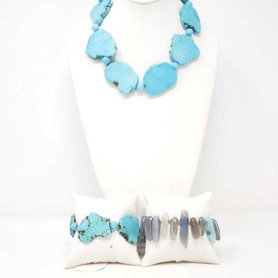 722	

Turquoise Necklace, Turquoise Bracelet, And Semi Precious Stone Bracelet
Necklace Measures Approx 19