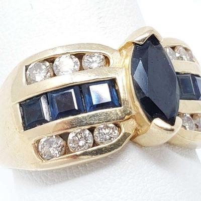 14K Gold Ring With Sapphire and Diamonds weighs 7.7g and is a size 9.5