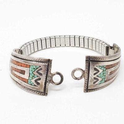 724	

Coral And Turquoise Inlay Sterling Silver Watch Band, 16.4g
Weighs Approx 16.4g