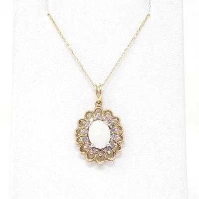 630	

10k Gold Necklace With Opal/Tanzanite Pendant, 2.9g
Weighs Approx 2.9g