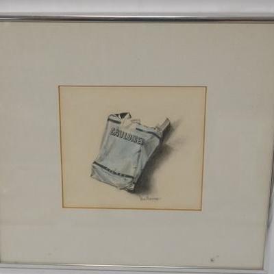 1080	FRAMED ART WORK OF A CIGARETTE PACK SIGNED KIM MASSEE. IMAGE SIZE 7 IN X 6 1/4 IN.
