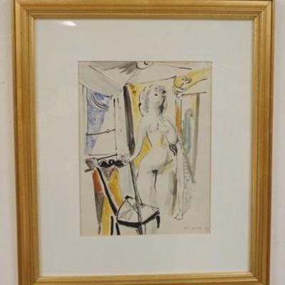 1036	WATERCOLOR PAINTING OF NUDE WOMAN POSING BY A CHAIR SIGNED LOWER RIGHT, FRAMED, IMAGE SIZE 9 1/4 IN X 12 1/2 IN, OVERALL DIMENSIONS...