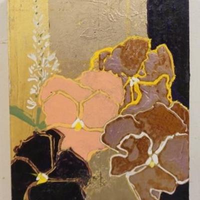 1068	ROBERT KUSHNER PAINTING ON BOARD, TITLED *PANSIES I*. GALLERY TAG ON REVERSE, D C MOORE GALLERIES N.Y.C. IMAGE SIZE 7 3/4 IN X 9 3/4...