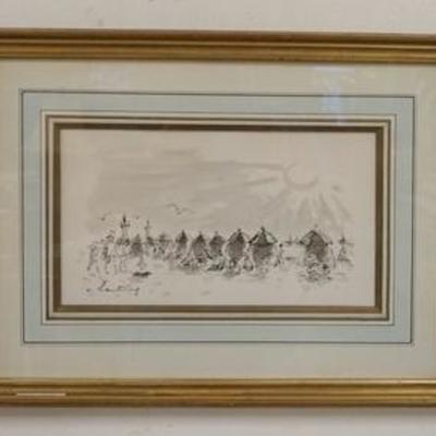 1046	ANDRE HAMBOURG FRAMED PRINT. GALLERY TAG ON REVERSE, WALLY FINDLAY GALLERIES. IMAGE SIZE 11 IN X 6 IN, OVERALL DIMENSIONS 17 1/2 IN...