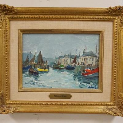 1012	FERNAND HERBO OIL ON BOARD HARBOR SCENE, SIGNED LOWER RIGHT, IMAGE 8 1/2 IN X 6 IN, OVERALL DIMENSIONS 14 IN X 11 1/2 IN
