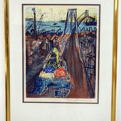 1060	LUDWIG BEMELMANS SIGNED LITHOGRAPH, TITLED *BROOKLYN BRIDGE*. IMAGE SIZE 17 IN X 22 IN., OVERALL DIMENSIONS 25 1/2 IN X 33 1/2 IN.
