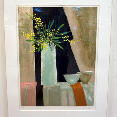 1059	RENE GENIS LITHOGRAPH SIGNED AND NUMBERED.TITLED *MIMOSA ET DUEX BOLS*. GALLERY TAG ON REVERSE, DAVID FINDLAY NEW YORK CITY. IMAGE...