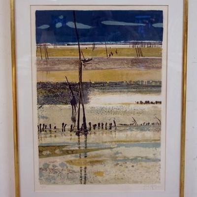 1058	RENE GENIS LITHOGRAPH SIGNED AND NUMBERED.TITLED *LA PLAGE ARCHACHON MAREE BASSE*. GALLERY TAG ON REVERSE, DAVID FINDLAY. IMAGE SIZE...