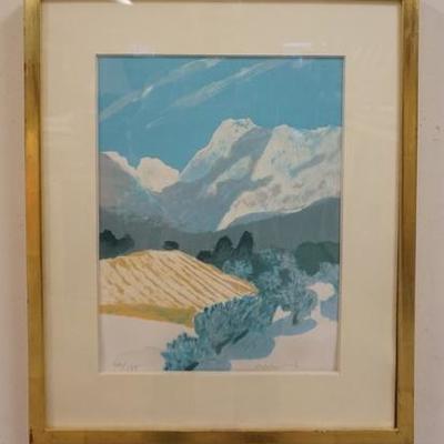1063	ROGER MUHL SIGNED AND NUMBERED LITHOGRAPH, TITLED *PROVENCE -V- AU MIDI, LA`-BAS UNE BARRE DE MONTAGUES* GALLERY LABEL ON REVERSE,...
