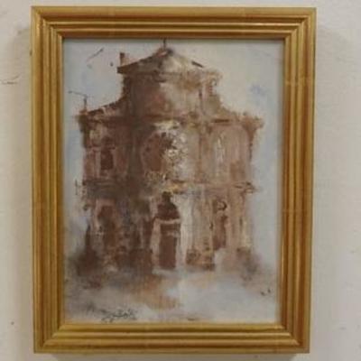 1081	OIL PAINTING ON CANVAS SIGNED BAIK, TITLED *CHIESA DI S. MEISE* DATED 62. OVERALL DIMESNSIONS 7 IN X 9 IN.
