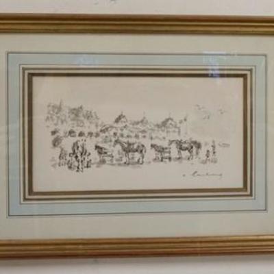 1044	ANDRE HAMBOURG FRAMED PRINT. GALLERY TAG ON REVERSE, WALLY FINDLAY GALLERIES. IMAGE SIZE 11 IN X 6 IN, OVERALL DIMENSIONS 17 1/2 IN...