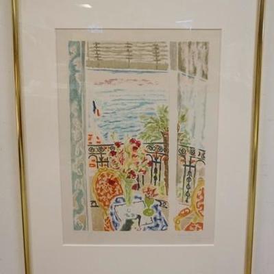 1004	JULES CAVAILLES ORIGINAL FRAMED & SIGNED LITHO TITLED ROSES IN A VASE ON A TABLE IN FRONT OF AN OPEN DOOR, LITHOGRAPH B243 OVERALL...