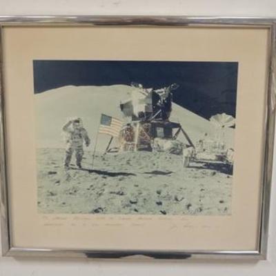 1082	APOLLO 15 FRAMED PHOTO SIGNED BY JIM IRWIN TO JACQUES ALLIMANN. OVERALL DIMENSIONS 19 IN X 17 IN.
