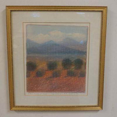 1071	CAROL ANTHONY SIGNED AND FRAMED ART, TITLED *PINON FIELD AT DUSK*, NEW MEXICO. IMAGE SIZE 10 1/2 IN X 12 IN., OVER ALL DIMENSIONS 15...