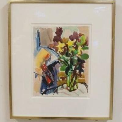 1030	NELL BLAINE SIGNED PAINTING, WATERCOLOR ON PAPER TITLED *STILL LIFE AND FLOWERS IN GLASS*, 1958, IMAGE 11 IN X 8 1/2 IN, OVERALL...