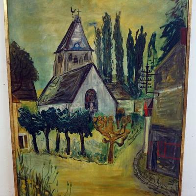 1050	LUDWIG BEMELMANS LARGE OIL PAINTING ON CANVAS, VILLAGE WITH CHURCH. SIGNED LOWER RIGHT CORNER, DATE 52 LOWER LEFT. 46 1/4 IN X 58...