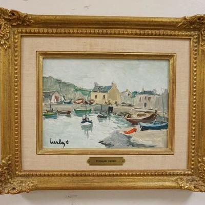 1011	FERNAND HERBO OIL ON BOARD HARBOR SCENE, SIGNED LOWER LEFT, IMAGE 8 1/2 IN X 6 IN, OVERALL DIMENSIONS 14 IN X 11 1/2 IN
