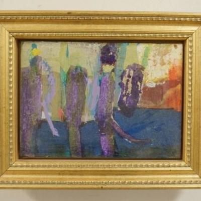 1039	EMILY MASON OIL PAINTING ON BOARD TITLED *RIVER BANK* SIGNED ON REVERSE W/GALLERY LABEL DAVID FINDLAY, IMAGE SIZE 5 IN X 7 IN,...