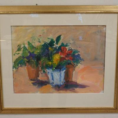 1073	PAINTING STILL LIFE ARTIST SIGNED. IMAGE SIZE 24 IN X 18 IN., OVERALL DIMENSIONS 34 1/4 IN X 29 1/2 IN.
