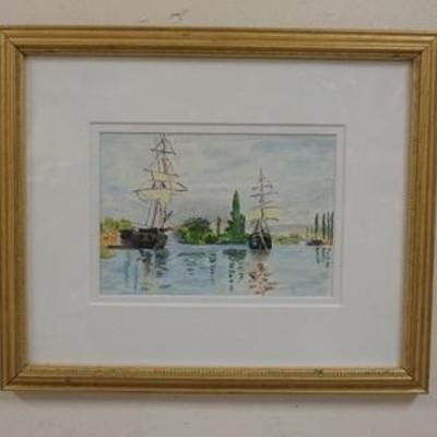 1085	WATER COLOR HARBOR SCENE. IMAGE SIZE 6 1/2 IN X 4 1/2 IN., OVERALL DIMENSIONS 12 1/4 IN X 10 1/2 IN.

