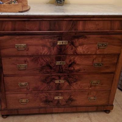 English Marble Top Bureau With Burled Veneers and 4 Drawers with Hidden Top Drawer
