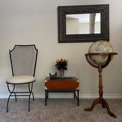 ~ Black metallic framed mirror - $15
SOLD ~ Black wrought iron chair with white cushion - $20
SOLD ~ Tall freestanding globe - $8