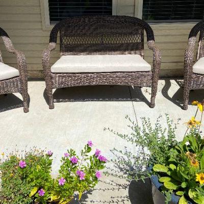 SOLD ~ 3 pc set of weaved outdoor furniture with light gray cushions: $35