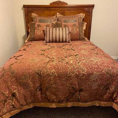 SOLD ~ Full size bed ensemble (Hollywood bed frame, decorative wooden headboard, mattress, boxspring, & bedspread + pillows) - $145
(This...