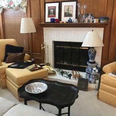 Pair of Matching Yellow Chairs - Blue/White Lamp - Pottery