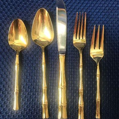 Mid-Century, English Gold Plate Faux Bamboo Flatware by Viners of Sheffield, 51 pieces