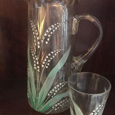 Painted Depression Glass Pitcher and Glass