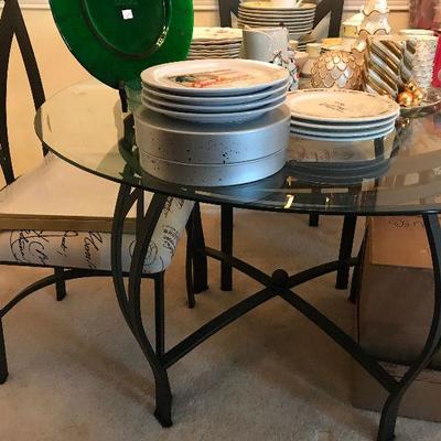 Wrought Iron Table, Round Glass Top, 4 chairs