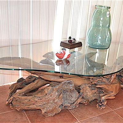 Driftwood glass coffee table