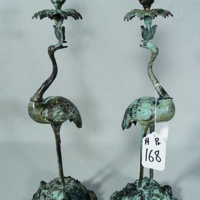 Pr. Vintage bronze crane candle sticks