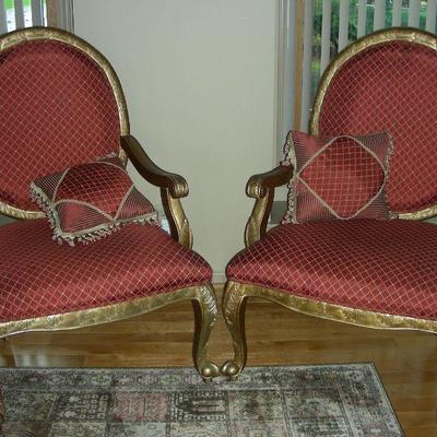 Pair girl wood & upholstered armchairs