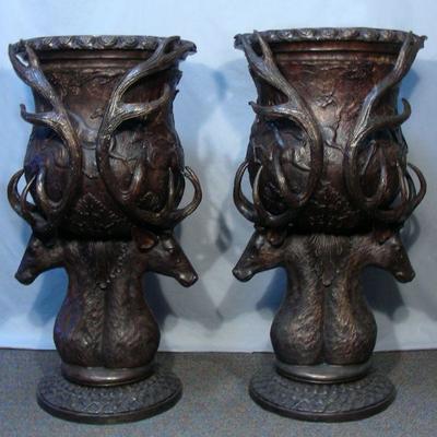Pair large outstanding deer motif bronze urns