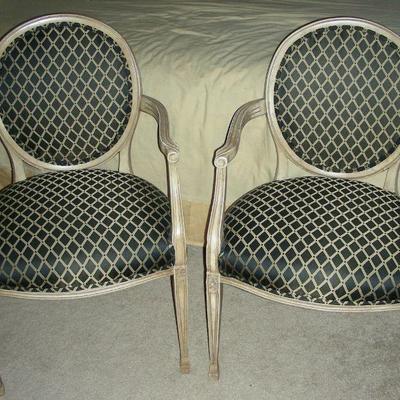 Pair carved wood & upholstered chairs