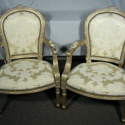 Pair Italian wood & upholstered armchairs