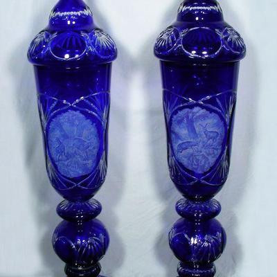 Pair large cobalt overlay & etched crystal palace urns